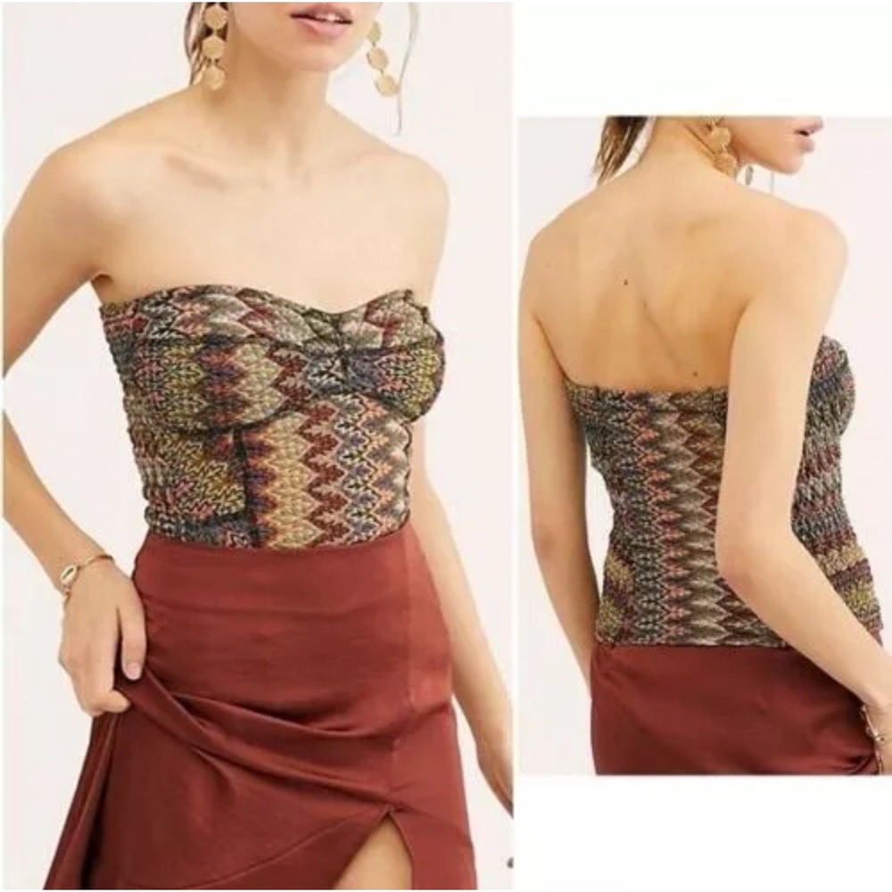 Free People Too Chic‎ Strapless Metallic Print Jacquard Tube Blouse Multicolor L